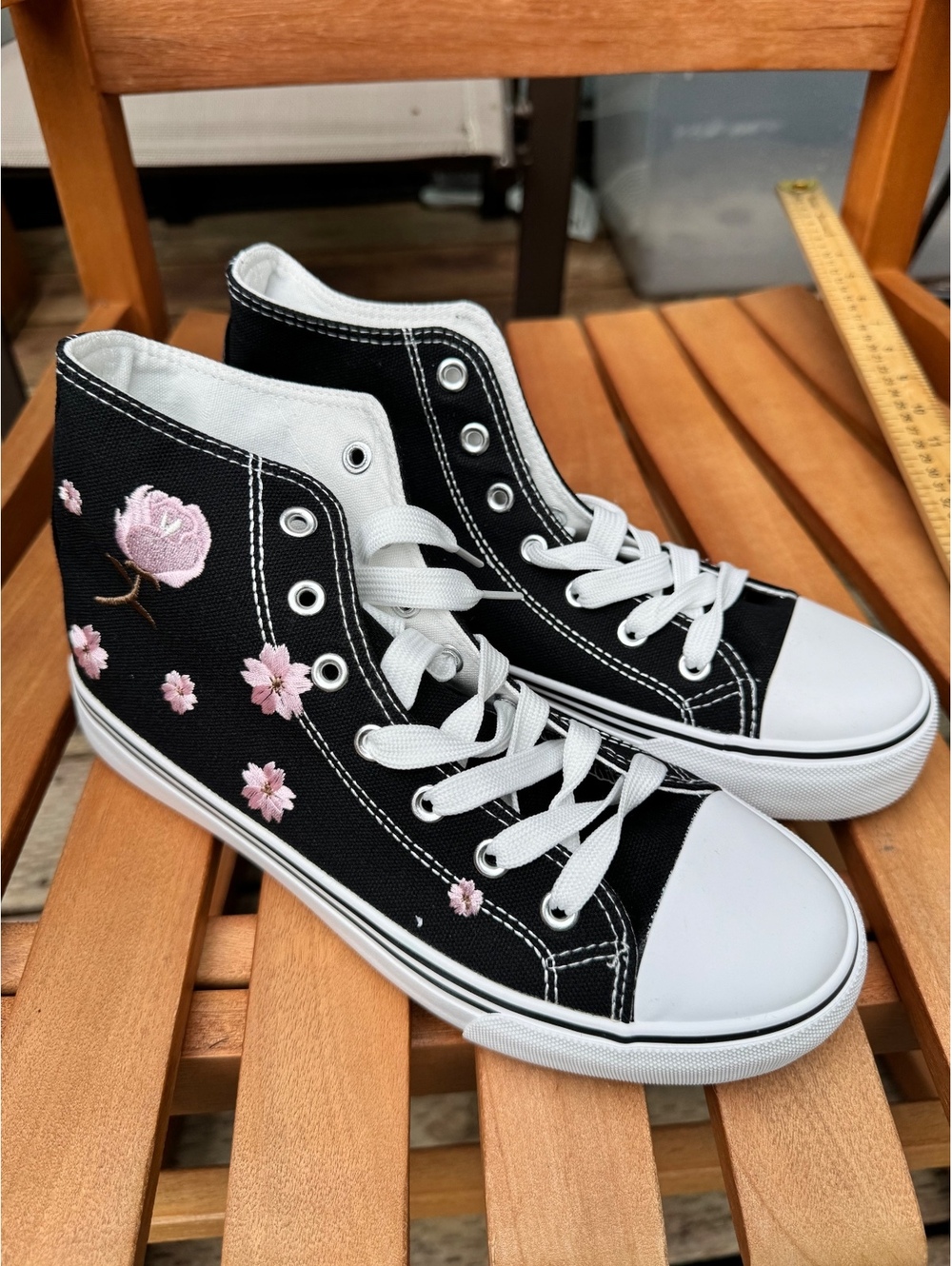 Black High-Top Canvas Sneakers with Pink Floral Embroidery, Size 7.5